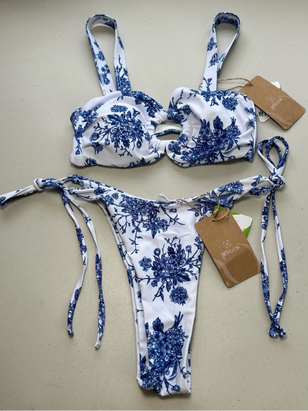 Berlook Bikini Set XS Blue Floral Ruched Cut Out Top High Cut Leg Bottom